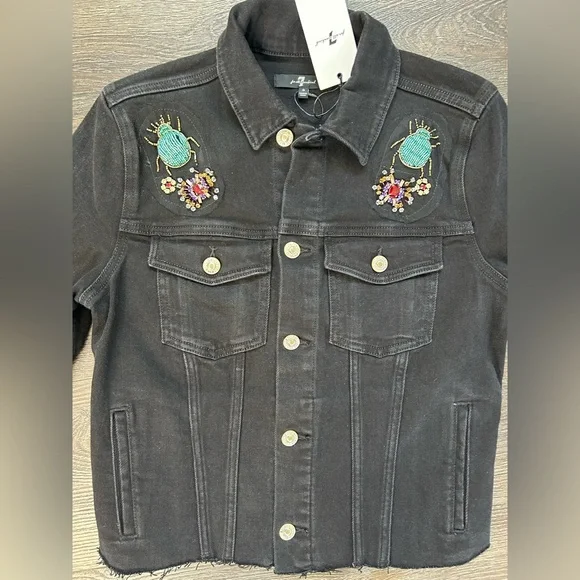 7 For All Mankind Cropped Embellished Black Jean Jacket